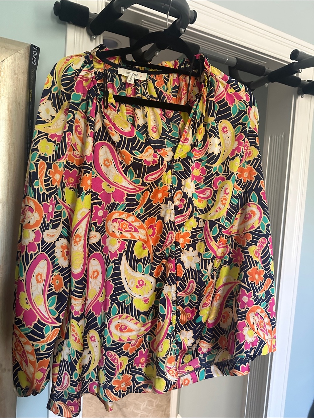 Umgee Multicolor Paisley Button-Front Blouse — Navy, Pink & Yellow